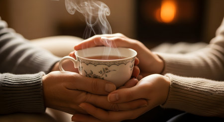 Two pairs of hands gently hold a steaming cup of hot tea together, with a warm fireplace glowing in the background. The close-up image evokes feelings of comfort, intimacy, care, and winter coziness.の素材