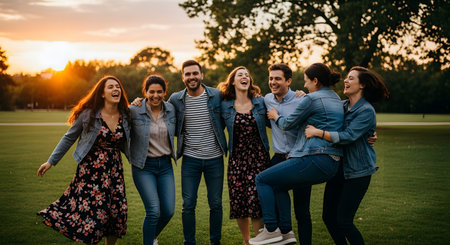 A diverse group of seven cheerful young friends stands arm-in-arm, laughing together in a grassy park at sunset. Their joyful expressions and casual denim attire highlight themes of strong friendship, youth, and community.の素材