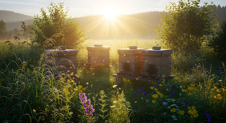 A row of wooden beehives stands in a lush wildflower meadow bathed in the golden light of sunrise. Bees can be seen flying around the hives in this peaceful, natural, and productive apiary setting.の素材