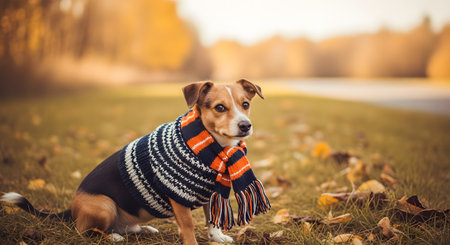 A cute small dog wearing a knitted striped scarf sits amidst fallen autumn leaves in a park. The golden blurred background highlights the seasonal atmosphere and the pet's adorable expression.の素材