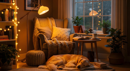 A golden retriever sleeps peacefully on a rug in a cozy living room illuminated by a warm lamp and string lights. Outside the window, rain falls against the glass, creating a comforting and serene atmosphere perfect for reading.の素材