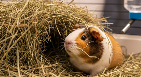 Close-up of an adorable guinea pig with white, brown, and black fur hiding under a pile of hay in its cage. The small pet looks curious and cozy in its habitat, surrounded by dry grass.の素材