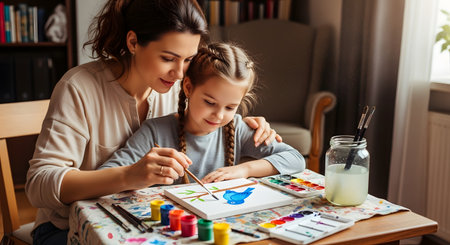 A mother and her young daughter sit at a table painting a blue bird on a canvas using watercolors. The warm and creative home setting fosters bonding, learning, and artistic expression between parent and child.の素材