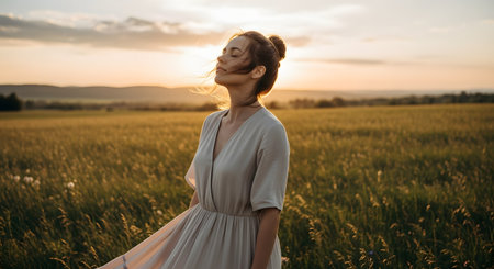 A young woman stands in a grassy field with her eyes closed, enjoying the gentle breeze and warm sunset light. Her dress and hair flow in the wind, capturing a moment of serenity and connection with nature.の素材