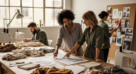 A team of fashion designers collaborates in a bright studio, with two women reviewing sketches on a table while a man works at a sewing machine. The workspace is filled with fabrics and mood boards, illustrating the creative design process.の素材