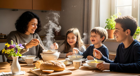 A smiling mother serves soup to her three happy children at a wooden dining table. Steam rises from the tureen, creating a warm, cozy, and wholesome family lunch atmosphere.の素材