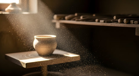 A clay pot sits on a pottery wheel in a dimly lit workshop, illuminated by a striking beam of sunlight filled with floating dust particles. The atmospheric scene highlights the beauty of handcrafted art and the creative process.の素材