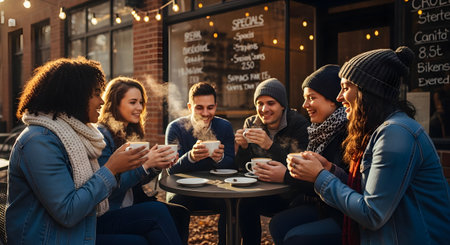 A diverse group of happy friends laughs while drinking hot coffee at an outdoor cafe table on a crisp autumn day. They are dressed in warm sweaters and scarves, enjoying conversation and the cozy atmosphere.の素材
