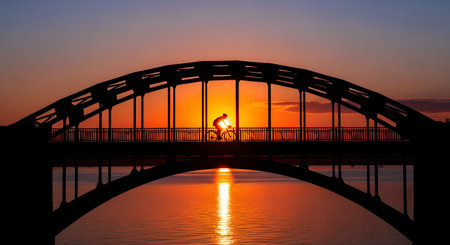The silhouette of a cyclist riding across an arched steel bridge against a vibrant orange sunset. The sun sets directly behind the bridge structure creating a dramatic contrast and reflection on the water below.の素材