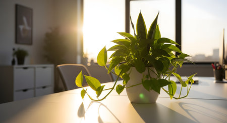 A vibrant green potted plant sits on a clean white office desk, bathed in golden sunlight streaming through a large window. The image represents a fresh and healthy workspace environment.の素材