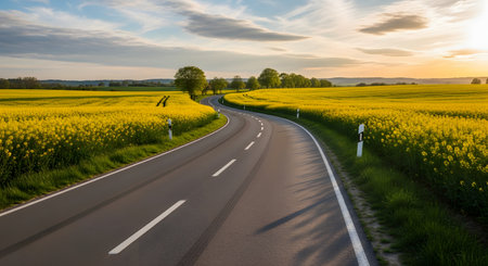 A winding asphalt road curves through vast fields of blooming yellow rapeseed flowers under a dramatic sky at sunset. The scenic route offers a beautiful perspective of rural agriculture and spring landscapes.の素材