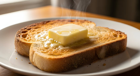 A slice of golden-brown toasted bread sits on a white plate, topped with a melting pat of yellow butter. Steam rises from the hot toast, evoking a sense of a fresh, warm, and delicious breakfast.の素材