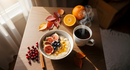 A warm breakfast setting featuring a bowl of oatmeal with figs and berries alongside a steaming cup of coffee. Red and yellow autumn leaves decorate the wooden table, evoking a cozy morning vibe.の素材