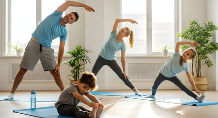A happy family of four, including parents and two children, practices yoga stretching exercises together in a bright living room. They are smiling and active, promoting a healthy and fit lifestyle at home.の素材
