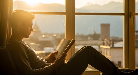 A young man sits comfortably on a windowsill reading a book, silhouetted against a golden sunset and city skyline. The peaceful scene evokes a mood of relaxation, study, and quiet contemplation at home.の素材