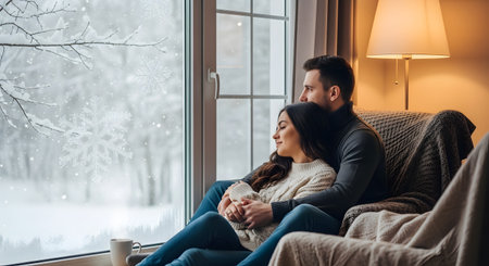 A romantic couple cuddles in a comfortable armchair wrapped in a knit blanket, looking out a large window at a snowy winter landscape. The intimate indoor scene conveys warmth, love, and relaxation during the cold season.の素材