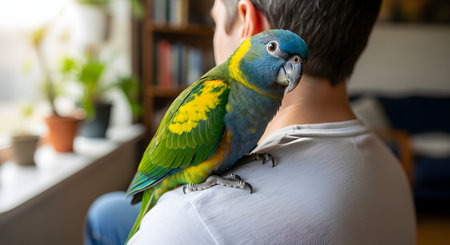 A vibrant blue and yellow parrot sits calmly on a man's shoulder inside a home. The close-up shot captures the bond between the exotic pet and its owner highlighting the bird's colorful feathers and intelligent expression.の素材
