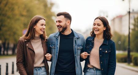 Three happy friends walk arm-in-arm down a city street, laughing and enjoying each other's company. Dressed in casual jackets, they represent friendship and urban lifestyle during the autumn season.の素材