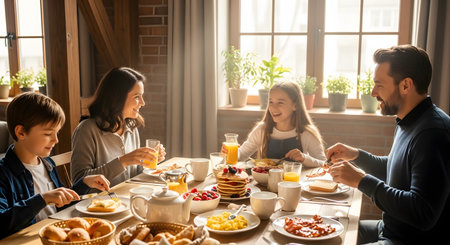 A happy family of four enjoys a hearty breakfast together at a sunlit dining table. The parents and two children are smiling while eating pancakes and drinking orange juice, creating a warm and loving morning atmosphere.の素材