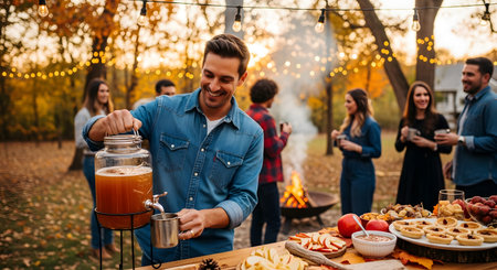 A smiling man pours a drink from a glass dispenser into a mug at an outdoor autumn garden party. In the background, friends gather around a fire pit and a table laden with fall treats under warm string lights.の素材