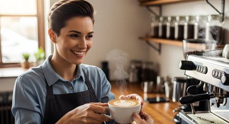 A smiling female barista with short hair serves a cup of cappuccino with latte art. The warm atmosphere of the coffee shop is captured as she hands the drink to a customer.の素材
