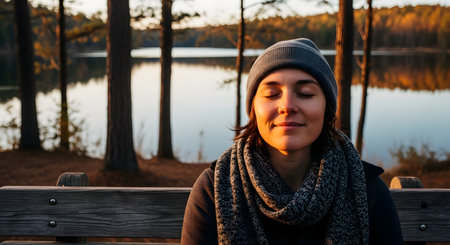 A peaceful woman wearing a beanie and scarf sits on a bench by a tranquil lake with her eyes closed. The warm autumn light illuminates her face as she enjoys a moment of mindfulness and relaxation.の素材