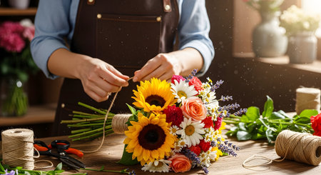 A florist wearing an apron arranges a vibrant bouquet featuring sunflowers, daisies, and roses on a rustic wooden table. Dust motes dance in the warm light as she ties the stems with twine.の素材