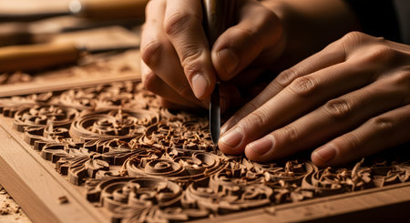A detailed close-up of artisan hands using a sharp tool to carve an intricate floral pattern into a piece of wood. The image captures the precision and skill involved in traditional woodworking and craftsmanship.の素材