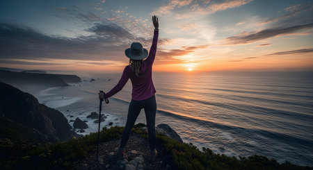 A female hiker stands on a coastal cliff edge with one arm raised in victory, overlooking a vast ocean at sunset. The scene captures a moment of achievement and freedom amidst a dramatic seascape with golden light and crashing waves.の素材