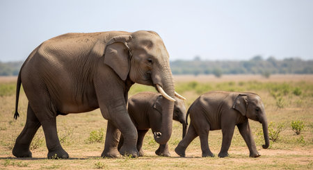 A mother elephant leads two young calves across the dry savannah grassland. They are walking in a line under the bright sun, showcasing the bond and protective nature of the herd in their natural habitat.の素材
