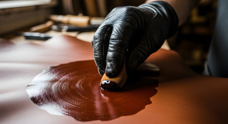 A close-up view of a leather craftsman's gloved hand applying dark dye to a piece of brown leather using a sponge tool. The image highlights the texture of the material and the meticulous artisanal process of leatherworking in a studio.の素材