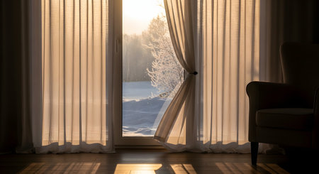 Sunlight streams through sheer curtains at an open window, revealing a snowy winter landscape outside. The contrast between the warm interior light and the cold, frosty trees creates a peaceful and serene winter morning scene.の素材