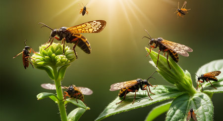 Close-up view of several wasps or hornets crawling on the green buds and leaves of a plant under bright sunlight. The image captures the details of their wings and bodies against a blurred natural background.の素材