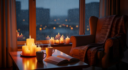 A cozy living room scene features a rainy window, lit candles, steaming cups of coffee, and an open book on a table near an armchair. The warm atmosphere evokes a sense of comfort, relaxation, and hygge during rainy weather.の素材