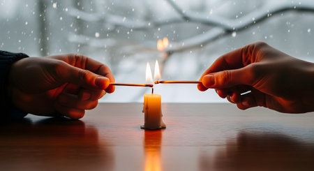 Two hands hold lit matches together to ignite a candle in front of a window revealing a snowy winter landscape. The scene evokes a sense of warmth, coziness, and romance against the cold outdoor weather.の素材