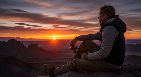 A female hiker sits on a rocky outcrop holding binoculars, gazing at a breathtaking sunset over a rugged canyon landscape. The warm light illuminates the horizon, symbolizing adventure, contemplation, and the beauty of nature.の素材