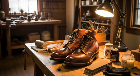 A pair of high-quality brown leather boots sits on a cobbler's workbench surrounded by shoemaking tools. The warm lighting highlights the craftsmanship and texture of the leather in a traditional workshop setting.の素材