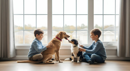 Two young boys sit on a wooden floor playing with two dogs in front of a large window in a bright living room. The scene depicts the joy of childhood, friendship between siblings, and the loving bond with family pets.の素材
