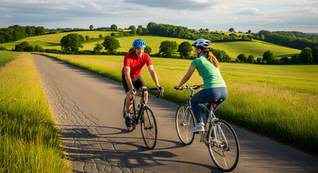 A sporty couple rides their road bikes along a paved path through lush green rolling hills on a sunny day. They are wearing helmets and cycling gear enjoying a healthy outdoor workout in the countryside.の素材