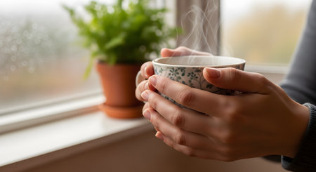 Close-up of female hands holding a hot, steaming cup of tea or coffee near a window on a rainy or cold day. The image evokes feelings of warmth, comfort, and relaxation during the winter or autumn season.の素材