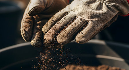 A close-up view of a gardener's hands wearing protective gloves holding rich dark soil. The dirt sifts through the fingers highlighting the texture of the earth and the preparation for planting in agriculture or home gardening.の素材