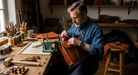 A skilled leatherworker stitches a brown leather bag in his workshop, surrounded by tools and materials. He focuses intently on his work, representing craftsmanship, small business, and handmade quality.の素材