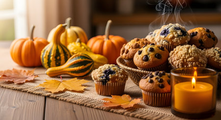 A festive autumn composition features a basket of fresh muffins surrounded by small pumpkins and a lit candle. Steam rises from the baked goods evoking a cozy and warm seasonal atmosphere on a wooden table.の素材
