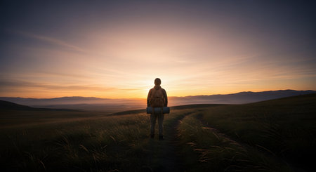 A lone traveler with a backpack stands on a grassy trail looking out over a vast, rolling landscape at sunset. The golden light illuminates the hills and distant mountains, evoking a sense of adventure and freedom.の素材