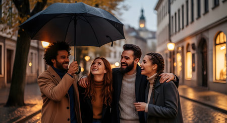 A diverse group of four happy friends walks down a wet European city street at night, sharing a large umbrella. They are laughing and talking, illuminated by warm streetlights and shop windows in a cozy urban atmosphere.の素材