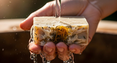 Water streams over a bar of handmade herbal soap held in a person's hand, highlighting the embedded seeds and natural texture. The warm lighting emphasizes the organic and eco-friendly nature of the skincare product.の素材