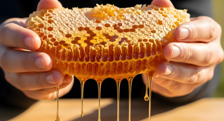 A close-up view of hands holding a fresh piece of honeycomb with golden honey dripping down. The image highlights the natural texture and sweetness of organic beekeeping produce in bright sunlight.の素材