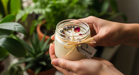 Two hands gently hold a homemade soy candle in a glass jar topped with dried lavender and rose petals. The rustic tag and green plant background emphasize the natural artisanal and eco-friendly nature of the product.の素材