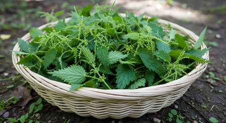 A wicker basket filled with freshly harvested green stinging nettles sits on the ground. The image highlights foraging for wild edible plants and natural medicinal herbs.の素材