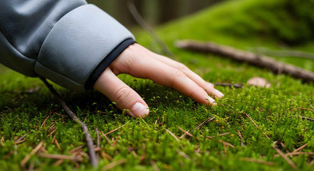A close-up of a human hand gently touching a bed of soft green moss on the forest floor. The person is wearing a grey sleeve, and the image emphasizes connection with nature and texture.の素材
